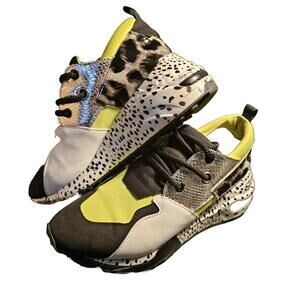 Steve Madden Cliff Shoes Womens 8M Black Yellow White Reflective Wedge Sneakers